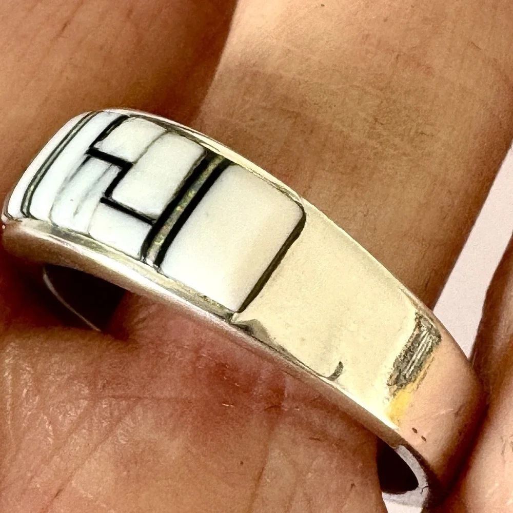 Navajo Inlay Wedding Band Ring Sz 13 Opal White Buffalo 9mm Mens Signed AT